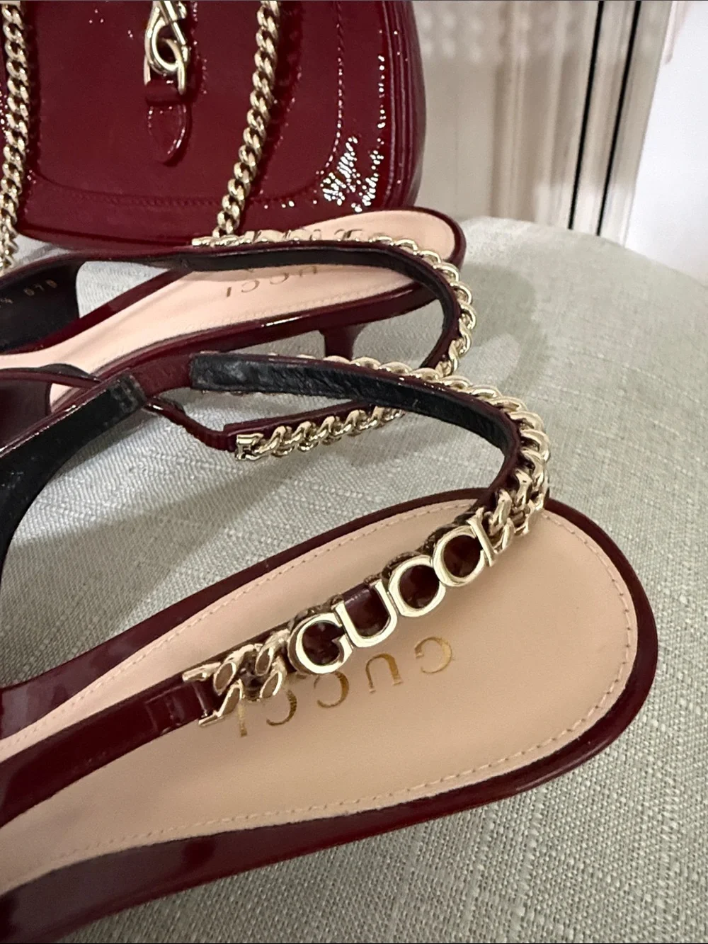 Gucci Women's Burgundy Patent Pointed-Toe Slingback Pumps and purse